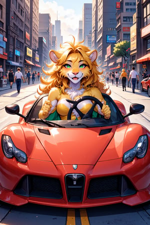 In a vibrant cityscape, a striking  AFG furry anthro lionness sits confidently behind the wheel of a sleek, glossy sports car. Her golden mane, adorned with playful streaks of auburn, cascades down her shoulders, catching the sunlight as she accelerates along the bustling street. The vibrant colors of the car—a deep crimson with chrome accents—gleam under the midday sun, drawing envious glances from pedestrians. The urban environment is alive with movement; the rhythmic sound of honking horns and the chatter of passersby fills the air. As she drives, her emerald eyes gleam with excitement, and a broad, toothy smile reveals her playful nature. The car's powerful engine purrs, vibrating through the leather seats, amplifying the thrill of speed. Outside, the city pulses with life—colorful billboards flash various advertisements, and street vendors sell mouth-watering delicacies. The aroma of spiced street food wafts through the open windows, mingling with the fragrance of freshly bloomed flowers in nearby parks. She weaves in and out of traffic with skillful grace, delighting in every sharp turn and sudden acceleration. The warmth of the sun on her fur contrasts with the cool breeze that rushes through the open windows, tousling her mane and adding to the exhilaration of the moment. In this lively atmosphere, her adventurous spirit shines brightly, as she drives through the chaotic yet beautiful tapestry of urban life.