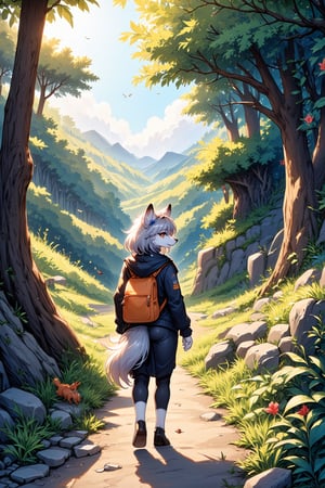 In a vibrant sun-dappled forest, an anthro wolf furry girl, clad in a snug, earthy-toned outfit that blends seamlessly with the surrounding wilderness, embarks on an adventurous hike. Her fur, a striking blend of silvery gray and warm russet, glistens under the gentle rays of sunlight piercing through the leafy canopy overhead. With each step, her keen senses pick up the fresh, invigorating scent of damp earth and blooming wildflowers, a delightful mix that invigorates her spirit. As she navigates the winding path, her delicate ears perk up, attentive to the rustling of leaves and the distant chatter of woodland creatures. The trail is flanked by an explosion of lush greens—the vibrant ferns and rugged underbrush teeming with life. In her backpack, she carries a small, well-worn journal filled with sketches and notes about her explorations, each page a testament to her adventures in this enchanting realm. Every so often, she pauses to take in her surroundings, her amber eyes sparkling with curiosity. When a curious rabbit hops into view, the wolf furry girl kneels down, her heart racing with excitement, feeling the cool earth beneath her paws as she watches the creature with a blend of admiration and caution. The air is alive with the sounds of chirping birds and the soft whispers of the wind, creating a peaceful symphony that accompanies her journey. Each moment in this magical forest further strengthens her connection to nature, filling her with a sense of freedom and belonging.,AFG