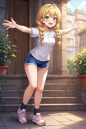 score 9, score 8 up, 1girl, masterpiece,short sleeves,bare arms,shorts,black socks,braid,outstretched arms,fang,blush,twin braids,fujita kotone,socks,breasts,looking to the side,bare legs,smile,gakuen idolmaster,small breasts,sneakers,solo,idolmaster,shoes,long hair,at kiwi,1girl,blonde hair,shirt,white shirt