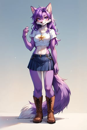 score_9, score_8_up, 1girl, masterpiece, ,smile,skirt,hernyed,tail,1girl,simple background,purple hair,furry female,boots,midriff,furry