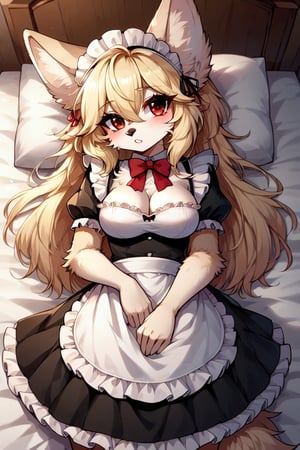 score 9, score 8 up, 1girl, solo, masterpiece, megafluffypony, fluffy, furry, fennec anthro, fluffy ears, maid, maid outfit, frills, medium breasts, cleavage, blush, bed, lying on bed, looking away, vulnerable, on back, red eyes, blonde, long hair, maid headdress, holding skirt, 