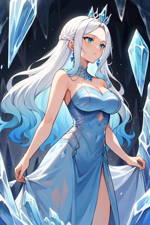 score_9, score_8_up,  masterpiece, 1girl, solo, ice armor, ice dress, ice queen, ice cave, ica aura, ice ambiance,white hair, gradient hair, blue hair, long hair, ice crystals, ice body, ice girl,  1ce
