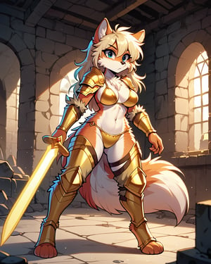 MegaFluffyPony, furry, fluffy, score_9, score_8_up, 1girl, masterpiece, bikini armor, gold armor, gold bikini armor,   , sword and shield, holding large energy sword, holding heavy shield, indoors, crypt, dungeon, ruins, dark underground, 
