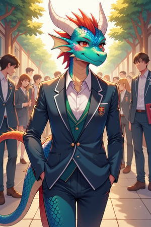 In a bustling high school hallway, a striking dragonoid figure grabs everyone’s attention as they confidently stroll through the crowds. Clad in a neatly tailored school uniform that accentuates their sleek, iridescent scales—ranging from vivid emerald to sparkling sapphire—the dragonoid's presence is both captivating and enchanting. The crisp fabric of their white collared shirt is adorned with a vibrant school crest, while their fitted blazer is slightly unbuttoned, hinting at a rebellious flair. Their long, sinuous tail sways gracefully behind them, cleverly maneuvering through the throngs of students while their dragon-like eyes, gleaming with mischief and curiosity, survey the scene with an intensity that can’t be ignored. Strands of their vibrant, fire-red hair contrast strikingly with the uniform, catching the eye of passersby. As they walk, the air around them shimmers slightly with an otherworldly heat, evoking a sense of both awe and intrigue. Whispered conversations buzz in the background, a mix of admiration and surprise, while the subtle scent of a smoky cologne lingers behind them. Nearby students pause their conversations, stealing glances and exchanging impressed looks, clearly enchanted by the uncommon blend of draconic features and academic attire. The atmosphere is a blend of youthful exuberance and a hint of nervous excitement, as this sexy dragonoid not only breaks the mold but ignites a spark of adventurous spirit among their peers, hinting at the promise of an exciting day filled with both academic challenges and social drama. RPG,  DragonToonFlux, scales, dragon anthro