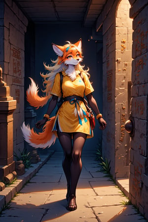 In the dimly lit corridors of an uncharted tomb, a curious AFG furry anthro female fox explores her surroundings with cautious fascination. Her vibrant orange fur glistens subtly in the flickering light of her torch, contrasting beautifully against the weathered stone walls, which are adorned with intricate hieroglyphs and carvings that tell stories of a long-lost civilization. Each step she takes, her soft, padded paws tread upon the cool, gritty ground, the faint echo of her movements resonating in the stillness. The air is thick with the scent of damp earth and ancient dust, and the silence is occasionally broken by the soft rustling of her bushy tail brushing against the jagged rock formations. Her bright, inquisitive eyes gleam with a mix of excitement and trepidation as she wanders past ornate sarcophagi and dusty relics. Shadows dance eerily on the walls as her torchlight flickers, creating dramatic shapes that pulse with a life of their own. As she approaches a forgotten chamber, the atmosphere shifts, laden with a sense of mystery and unspoken secrets. The heavy air feels almost electric, pulling her closer to the entrance as she senses the lingering presence of the past. Whispers of long-gone spirits seem to echo through the tomb, adding an otherworldly quality to her adventure. With each breath, she can almost taste the metallic tang of ancient power lingering in the air, fueling her desire to unveil the hidden treasures and stories buried deep within the ancient tomb's depths.