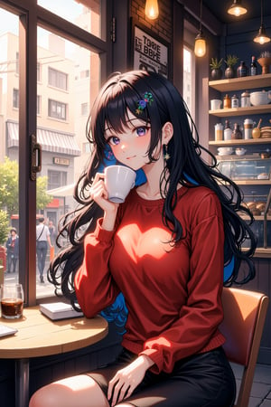 In a cozy, bustling café adorned with rustic wooden furniture and warm ambient lighting, a curvaceous anime woman captures attention as she sits at a small round table by the window. Her figure is accentuated by a snug, vibrant red sweater that clings to her curves, contrasting beautifully with her smooth, sun-kissed skin. The soft fabric draws the eye, highlighting the gentle contours of her waist and bust, while the crew neckline frames her graceful collarbones. Around her, the café buzzes with life; the rich aroma of freshly brewed coffee mingles with the sweet scent of pastries resting under a glass display. Soft jazz music plays in the background, intermingling with the happy chatter of patrons and the soft clinking of ceramic cups. Sunlight filters through the windows, casting playful shadows on her face, which is adorned with a subtle smile that hints at a sense of confidence and warmth. As she sips her coffee, steam rising from the cup like a soft whisper, her expressive eyes scan the café, momentarily stopping to engage with a passing friend, sharing an easy laugh that adds to the jovial atmosphere around her. The overall scene is one of relaxed charm, perfectly blending the vivacious energy of the café with her alluring presence.,