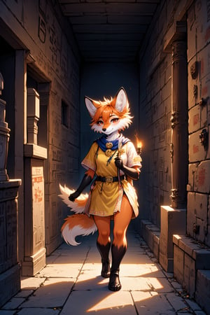 In the dimly lit corridors of an uncharted tomb, a curious AFG furry anthro female fox explores her surroundings with cautious fascination. Her vibrant orange fur glistens subtly in the flickering light of her torch, contrasting beautifully against the weathered stone walls, which are adorned with intricate hieroglyphs and carvings that tell stories of a long-lost civilization. Each step she takes, her soft, padded paws tread upon the cool, gritty ground, the faint echo of her movements resonating in the stillness. The air is thick with the scent of damp earth and ancient dust, and the silence is occasionally broken by the soft rustling of her bushy tail brushing against the jagged rock formations. Her bright, inquisitive eyes gleam with a mix of excitement and trepidation as she wanders past ornate sarcophagi and dusty relics. Shadows dance eerily on the walls as her torchlight flickers, creating dramatic shapes that pulse with a life of their own. As she approaches a forgotten chamber, the atmosphere shifts, laden with a sense of mystery and unspoken secrets. The heavy air feels almost electric, pulling her closer to the entrance as she senses the lingering presence of the past. Whispers of long-gone spirits seem to echo through the tomb, adding an otherworldly quality to her adventure. With each breath, she can almost taste the metallic tang of ancient power lingering in the air, fueling her desire to unveil the hidden treasures and stories buried deep within the ancient tomb's depths.