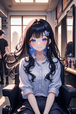 In a bustling urban hair salon, a young anime woman sits in a sleek, black salon chair, her expression a mix of anticipation and excitement. She has just emerged from a transformative experience, her long, wavy hair now elegantly styled into a chic, straight fringe that frames her face perfectly. The freshly cut bangs are a striking jet black, contrasting beautifully with her fair, porcelain skin, and they sway gently with each movement, showcasing the precision of the stylist’s work. As she gazes at her reflection in the large, illuminated mirror, her bright blue eyes sparkle with newfound confidence, glimmering like sapphires under the salon’s warm lights. Surrounding her, the atmosphere buzzes with chatter and laughter; the faint sound of hairdryers whirring and scissors snipping fills the air, adding to the salon's vibrant energy. The rich scent of hairspray mingles with the perfumed air, hinting at the fresh experiences shared by other clients. The woman reaches up to touch her newly styled fringe, the silky strands feeling cool and soft beneath her fingertips. A sense of liberation washes over her; this bold hairstyle feels like a fresh start, an expression of her evolving identity. As she turns to share her beaming smile with the stylist, who stands proudly beside her, a soft, contented sigh escapes her lips, echoing her satisfaction with this striking metamorphosis.