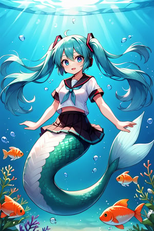 MegaFluffyPony, furry, fluffy,  score_9, score_8_up, 1girl, masterpiece, serafuku, twintails, white shirt, fish, sitting, goldfish, skirt, neck ribbon, blue hair, vocaloid, floating hair, solo, sailor collar, striped ribbon, striped, black ribbon, miku, hair ribbon, very long hair, short sleeves, seaweed, long hair, open mouth, school uniform, facing viewer, liquid hair, hatsune miku, underwater, bubble, full body, black skirt, ribbon, shirt, (mermaid miku, mermaid, fishtail), scalie, scales