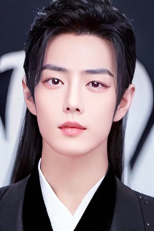 Generate a stunning high-resolution masterpiece featuring a young Chinese man exuding serenity.  dark background. His long black hair is styled immaculately, framing his cute face. 
Focus on his ruifeng eyes, which are almond-shaped with a subtle upward tilt, gleaming in the dim light and radiating calmness and depth. The inner corners of his eyes are rounded, while the outer edges slant gently downward before ending with an upward tilt. His eyebrows are groomed and add definition to his gaze.
Depict his straight nose and full rounded lips, with a cupid's bow and a lower lip that is a little shorter than the plumpier upper lip, featuring a small mole underneath, making him appear cute. His eyes are slightly larger and positioned a bit lower on his face, giving him a youthful appearance. Emphasize the deep philtrum that is slightly pointed upwards, moderating the visual length of his face. This portrait should capture the rare, demure beauty and natural cuteness of the subject.,1boy,print robe