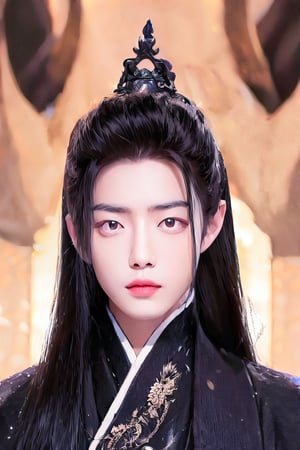 Generate a stunning high-resolution masterpiece featuring a young Chinese man exuding serenity.  dark background.wearing hanfu. His long black hair is styled immaculately, framing his cute face. 
Focus on his ruifeng eyes, which are almond-shaped with a subtle upward tilt, gleaming in the dim light and radiating calmness and depth. The inner corners of his eyes are rounded, while the outer edges slant gently downward before ending with an upward tilt. His eyebrows are groomed and add definition to his gaze.
 straight nose and full rounded lips, with a cupid's bow and a lower lip that is a little shorter than the plumpier upper lip, making him appear cute. His eyes are slightly larger and positioned a bit lower on his face, giving him a youthful appearance. Emphasize the deep philtrum that is slightly pointed upwards, moderating the visual length of his face. This portrait should capture the rare, demure beauty and natural cuteness of the subject.,1boy,print robe,xuer Ancient Chinese armor,More Detail,Chibi
