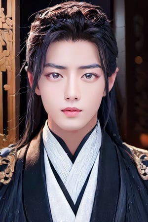 Generate a stunning high-resolution masterpiece featuring a young Chinese man exuding serenity. The dark background contrasts beautifully with his traditional hanfu, creating a sense of timeless elegance. His long black hair is styled immaculately, framing his cute face, and his ruifeng eyes are the focal point—almond-shaped with a subtle upward tilt, gleaming in the dim light and radiating calmness and depth. The inner corners of his eyes are rounded, while the outer edges slant gently downward before ending with an upward tilt. His groomed eyebrows add definition to his serene gaze.

His straight nose and full, rounded lips, complete with a cupid's bow and a slightly shorter lower lip compared to the plump upper lip, enhance his overall cuteness. His eyes, slightly larger and positioned a bit lower on his face, give him a youthful appearance, further emphasized by the deep philtrum that is slightly pointed upwards, which moderates the visual length of his face.

This portrait should capture the rare, demure beauty and natural cuteness of the subject. In addition to the hanfu, include elements of ancient Chinese armor to add a layer of historical depth and cultural richness to the artwork. The intricate details of the armor should contrast with the soft features of his face, creating a harmonious blend of strength and gentleness.