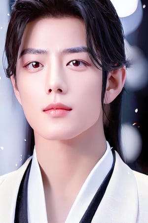 Generate a stunning high-resolution masterpiece featuring a young Chinese man exuding serenity.  dark background. His long black hair is styled immaculately, framing his cute face. 
Focus on his ruifeng eyes, which are almond-shaped with a subtle upward tilt, gleaming in the dim light and radiating calmness and depth. The inner corners of his eyes are rounded, while the outer edges slant gently downward before ending with an upward tilt. His eyebrows are groomed and add definition to his gaze.
Depict his straight nose and full rounded lips, with a cupid's bow and a lower lip that is a little shorter than the plumpier upper lip, featuring a small mole underneath, making him appear cute. His eyes are slightly larger and positioned a bit lower on his face, giving him a youthful appearance. Emphasize the deep philtrum that is slightly pointed upwards, moderating the visual length of his face. This portrait should capture the rare, demure beauty and natural cuteness of the subject.,1boy,print robe,More Detail
