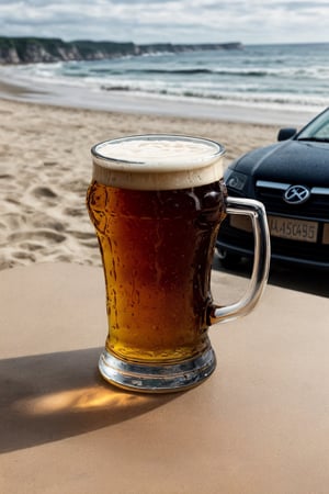 photo of a beer mug, with a beach in the background
,muted colors,realistic,photorealistic,(film grain),35mm,raw,ultradetailed, photorealistic, maximum details, (RAW, dslr, highest quality),full body,Realism,natural lighting, perfect anatomy,Portrait,(people in the background), car keys on the table, iphone on the table