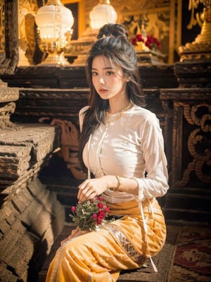 1girl, 25 year old, Sitting on Bagan ancient  Pagoda Wall, long black hair, royal beauty, Red flowers, perfect Royal face Expression, Detail Fullbody view, Amazing Perfect Beauty Face and Eye, Amazing Perfect Beauty big breasts, Beautiful Fingers, Bagan Pagoda

MMTD BURMESE PATTERNED TRADITIONAL DRESS, DARK RED,
PEARL NECKLACES AND PEARL BRACELET,
BLACK SINGLE BUN HAIR WITH GOLD COLOR FLOWER, 

realistic, 4k, soft skin, Bagan ancient pagoda background, sun rise, detailed skin texture, Very Soft Beauty Lighting, Soft Light, Goldenratio, masterpeace, realistic skin and detail face texture, Beautiful Perfect lip,
