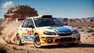 image of the subaru impreza model 2006 rally car blue drifting on rough desert terrain, scatter dust came from tyre, taken from differents angle view.