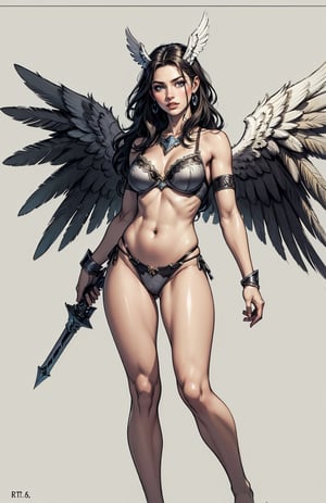 (photore,realisticlying：1.37), ((Meticulous facial features)),（Valkyrie,holy paladin：0.6）Beautiful design,Shiny,Slim body,(the angel's wings),undergarments,belly-bar,complex,simple_background, full body, perfect body,Grt2c