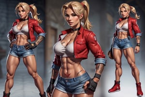 (The concept character sheet of a strong, attractive, and hot terry bogard girl, blonde hair, ponytail, blue eyes, long hair, red short jacket, baseball cap, fingerless gloves, denim shorts, large breast . Her face is oval, forehead is smooth and visibly rounded at the temples. jawline is softly defined, giving her a gentle and feminine appearance, (full body, Full of details, frontal body view, back body view, Highly detailed, Depth, Many parts), ((Masterpiece, Highest quality)), 8k, Detailed face, scars, serious expression. Infographic drawing. Multiple sexy poses. tattoos,3d, choker,