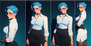 ((Masterpiece, Highest quality)), Detailed face, (character design sheet), full bodyesbian, Full of details, frontal body view, back body view, Highly detailed, Depth, Many parts, Multiple poses and expressions (young woman with short blue hair faded, undercut hairstyle) (light blue eyes), 20 years old, dominant gorgeous girl, same character, (woman pale skin), evil smile, red lips, (business suit), girl tall, choker, (Sexy Office Lady ), tattoos, glasses, short black skirt, white shirt, pantyhose,