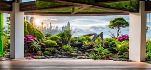 RAW photo, An Tropical Paludarium garden, (multicolor bromeliads), dead wood, ((driftwood)), (((city view background))), fern, rocks, natural stone, driftwood, gravel, green moss, leaf, aroid, balcony, outdoor, bright color, daylight, natural light, blue sky, wooden floor, view from inside, green:multicolor:0.7, highquality, bestquality, masterpiece, full HD, 4k, uhd, realistic, ultra realistic, RAW texture,modernvilla,garden,PALUDARIUM, TROPICAL_PALUDARIUM,bromeliads,japanese_garden_background