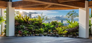 RAW photo, An Tropical Paludarium garden, (multicolor bromeliads), dead wood, ((driftwood)), (((city view background))), fern, rocks, natural stone, driftwood, gravel, green moss, leaf, aroid, balcony, outdoor, bright color, daylight, natural light, blue sky, wooden floor, view from inside, green:multicolor:0.7, highquality, bestquality, masterpiece, full HD, 4k, uhd, realistic, ultra realistic, RAW texture,modernvilla,garden,PALUDARIUM, TROPICAL_PALUDARIUM,bromeliads