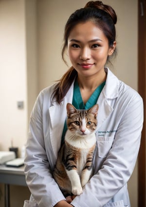 Veterinary clinic view of a Indonesian veterinarian, 25 years old, blending professional care with an air of gentle allure, with a kind, nurturing face, attending to animals in a bustling Jakarta animal clinic. She's examining a small Cat, her movements gentle and assured, a soft, reassuring smile directed towards the pet owner.

Her hair, long and honey-blonde, is pulled back into a neat bun, practical for her work yet softening her features. Her eyes, warm and empathetic, convey trust and compassion, her lips curved in a soothing, engaging smile.

She has a slender, nurturing build. Dressed in a (crisp, fitted lab coat) over a (light, patterned blouse) and (comfortable slacks), her outfit is both professional and subtly charming. Her feet, in (sensible, supportive shoes), move quietly around the examination room, her presence a comforting blend of medical expertise and heartfelt care.
 8k uhd, dslr, soft lighting, high quality, film grain, Fujifilm XT3, high quality photography, 3 point lighting, flash with softbox, 4k, Canon EOS R3, hdr, smooth, sharp focus, high resolution, award winning photo, 80mm, f2.8, bokeh, (Highest Quality, 4k, masterpiece, Amazing Details:1.1), film grain, Fujifilm XT3, photography,
detailed eyes, epic, dramatic, fantastical, full body, intricate design and details, dramatic lighting, hyperrealism, photorealistic, cinematic, 8k, detailed face. Extremely Realistic, art by sargent, PORTRAIT PHOTO, Aligned eyes, Iridescent Eyes, (blush, eye_wrinkles:0.6), (goosebumps:0.5), subsurface scattering, ((skin pores)), (detailed skin texture), (( textured skin)), realistic dull (skin noise), visible skin detail, skin fuzz, dry skin, hyperdetailed face, sharp picture, sharp detailed, (((analog grainy photo vintage))), Rembrandt lighting, ultra focus, illuminated face, detailed face, 8k resolution
,photo r3al,Extremely Realistic,aw0k euphoric style,PORTRAIT PHOTO,Enhanced Reality