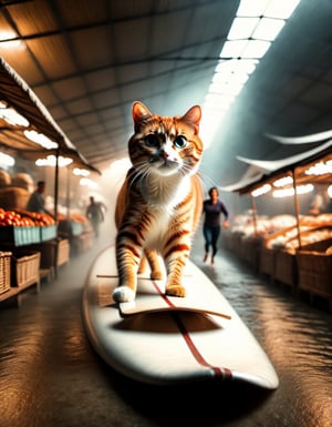 Cinematic still of cat,  scared, surfing on top of a fish,  running away in a market,none,photo r3al,more saturation 