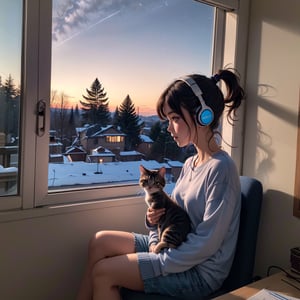 an indoor scene at dusk,with a deep blue sky and twinkling stars,a girl with a ponytail and a kitten sitting facing the window,looking outside.the girl is wearing headphones and listening to music,lofi,girl,beautiful five finger hand