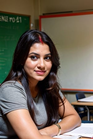 beautiful cute young teenage girl, 18 years old,teaching in schhol, long black_hair, colorful hair, warm, dacing , like teacher,  school teacher, in school, ,teaching in class,
