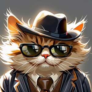 (masterpiece, best quality, highres:1.3), ultra resolution image, (solo), (cat:1.5), smug, confident, simple background, sunglasses, portrait, fluffy, cute,cat, no human,IncrsXLDealWithIt, playful, gentlemen hat, mischief, gentlemen suit, smoking cigar