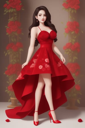 she was beautiful 19 years old  girl wearing red dress print on with all purple roses and she stand in red high heel dark red high heel shoes