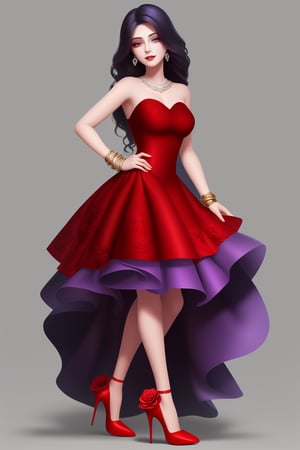 she was beautiful 19 years old  girl wearing red dress print on with all purple roses and she stand in red high heel dark red high heel shoes. Her hair long silk black purple. Her left wrist wearing white gold bracelet crafted with diamond.