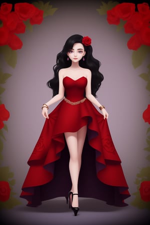 she was beautiful 19 years old  girl wearing red dress print on with all purple roses and she stand in red high heel dark red high heel shoes. Her hair long silk black purple. Her left wrist wearing white gold bracelet crafted with diamond.