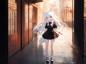 high detailed, photorealistic, cinematic, (masterpiece, best quality:1.15), (1girl, solo, loli), wolf ears, perfect beautiful eyes, white hair, smile, ((full body)), (((cute, adorable))), 