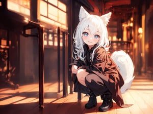 high detailed, photorealistic, cinematic, (masterpiece, best quality:1.15), (1girl, solo, loli), wolf ears, perfect beautiful eyes, white hair, smile, ((full body)), (((cute, adorable))), 