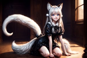 8k, digital photography, high detailed, photorealistic, cinematic, (masterpiece, best quality:1.15), (1girl, solo, lolicon,) fox_girl, animal_ears, animal_tail, fluffy tail, perfect tail, perfect body, perfect face, perfect eyes, beautiful eyes, white hair, smile, ((full body, (cute, adorable))),