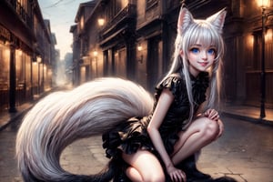 8k, digital photography, high detailed, photorealistic, cinematic, (masterpiece, best quality:1.15), (1girl, solo, lolicon,) fox_girl, animal_ears, animal_tail, fluffy tail, perfect tail, perfect body, perfect face, perfect eyes, beautiful eyes, white hair, smile, ((full body, (cute, adorable))),