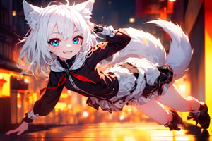 ultra epic HD, photorealistic, cinematic, (masterpiece, best quality:1.15), (1girl, solo, loli), wolf ears, perfect beautiful eyes, white hair, smile, ((full body)), (((cute, adorable))), 