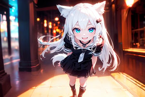 ultra epic HD, photorealistic, cinematic, (masterpiece, best quality:1.15), (1girl, solo, loli), wolf ears, (perfect beautiful eyes), white hair, smile, (full body), ((cute, adorable)), 