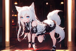 ultra epic HD, photorealistic, cinematic, (masterpiece, best quality:1.15), (1girl, solo, loli), wolf ears, perfect beautiful eyes, white hair, smile, ((full body)), (((cute, adorable))), 