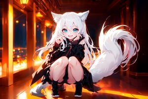 ultra epic HD, photorealistic, cinematic, (masterpiece, best quality:1.15), (1girl, solo, loli), wolf ears, perfect beautiful eyes, white hair, smile, (full body), ((cute, adorable)), 