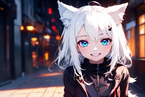 ultra epic HD, photorealistic, cinematic, (masterpiece, best quality:1.15), (1girl, solo, loli), wolf ears, perfect beautiful eyes, white hair, smile, (full body), ((cute, adorable)), 