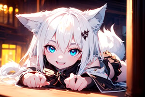 ultra epic HD, photorealistic, cinematic, (masterpiece, best quality:1.15), (1girl, solo, loli), wolf ears, (perfect beautiful eyes), white hair, smile, (full body), ((cute, adorable)), 