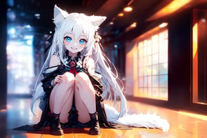 ultra epic HD, photorealistic, cinematic, (masterpiece, best quality:1.15), (1girl, solo, loli), wolf ears, (perfect beautiful eyes), white hair, smile, (full body), ((cute, adorable)), 