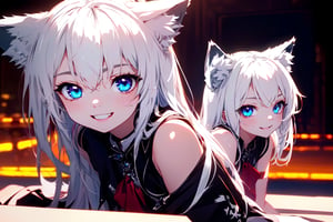 ultra epic HD, photorealistic, cinematic, (masterpiece, best quality:1.15), (1girl, solo, loli), wolf ears, perfect beautiful eyes, white hair, smile, (full body), ((cute, adorable)), 