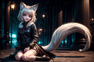 8k, digital photography, high detailed, photorealistic, cinematic, (masterpiece, best quality:1.15), (1girl, solo, lolicon,) fox_girl, animal_ears, animal_tail, fluffy tail, perfect tail, perfect body, perfect face, perfect eyes, beautiful eyes, white hair, smile, ((full body, (cute, adorable))),