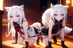 ultra epic HD, photorealistic, cinematic, (masterpiece, best quality:1.15), (1girl, solo, loli), wolf ears, perfect beautiful eyes, white hair, smile, (full body), ((cute, adorable)), 