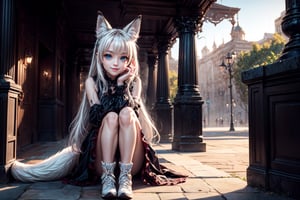 8k, digital photography, high detailed, photorealistic, cinematic, (masterpiece, best quality:1.15), (1girl, solo, lolicon,) fox_girl, animal_ears, animal_tail, fluffy tail, perfect tail, perfect body, perfect face, perfect eyes, beautiful eyes, white hair, smile, ((full body, (cute, adorable))),
