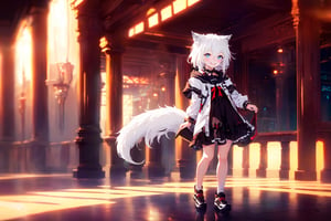 ultra epic HD, photorealistic, cinematic, (masterpiece, best quality:1.15), (1girl, solo, loli), wolf ears, (perfect beautiful eyes), white hair, smile, (full body), ((cute, adorable)), 