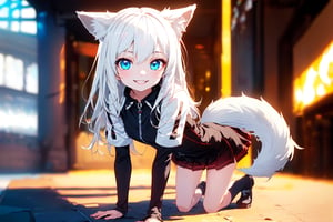 ultra epic HD, photorealistic, cinematic, (masterpiece, best quality:1.15), (1girl, solo, loli), wolf ears, perfect beautiful eyes, white hair, smile, (full body), ((cute, adorable)), 